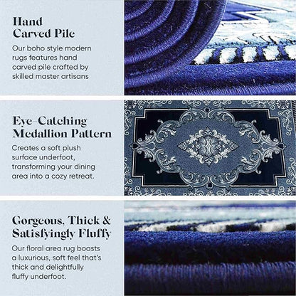 Modern 2x7 Navy Traditional Living Room Rug - Area Rugs for Living Room, Dining & Bedroom - Hand Carved Runner Carpet - Durable Polyester - Non-Fade, Stain-Resistant - Turkish Made