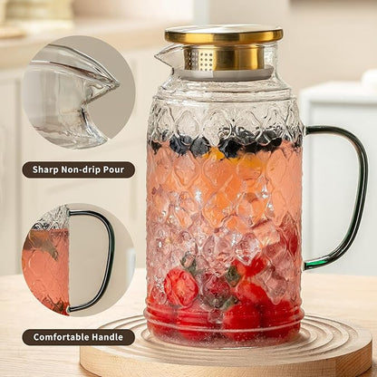 Glass Pitcher with Lid, 68 oz/2 Liter Vintage Water Pitcher, Clear Borosilicate Glass Water Carafe for Cold Brew, Coffee, Lemonade, Iced Tea, Juice, Beverage, Heat Resistant Water Glass Jug