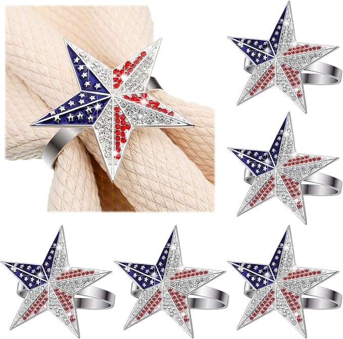 Geiserailie 6 Pieces Patriotic Napkin Rings 4th of July Star Napkin Ring Holder by Geiserailie