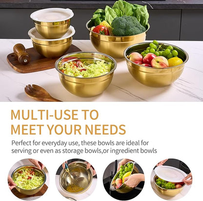 Gold Mixing Bowls with Airtight Lids, Stainless Steel Nesting Mixing Bowls Set of 5, Ideal for Baking, Prepping and Serving Food, Size 5.5, 3.6, 2.7, 2.1, 1.5, QT, Stackable Design