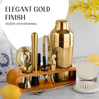 Mixology & Craft Cocktail Shaker Set: 10-Piece Bartender Kit with Stand | Complete at Home Bar Set with Bar Accessories | Great Housewarming Gift | Leak-Proof Design (Gold)