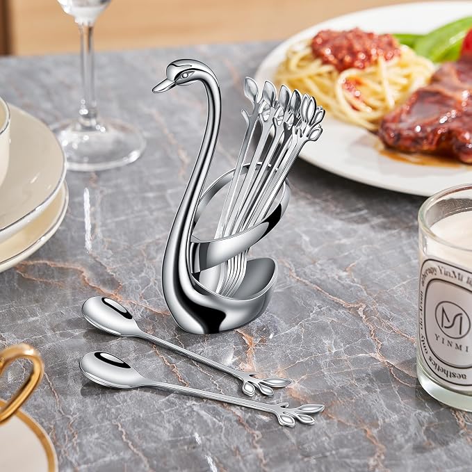 AnSaw Silver Swan Base With 10-Pcs Mini Leaf Coffee Spoon Holder Set-4.7" | - Image 6