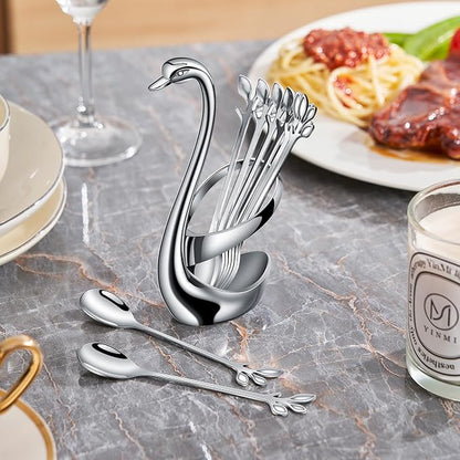 AnSaw Silver Swan Base With 10-Pcs Mini Leaf Coffee Spoon Holder Set-4.7" | - Image 6