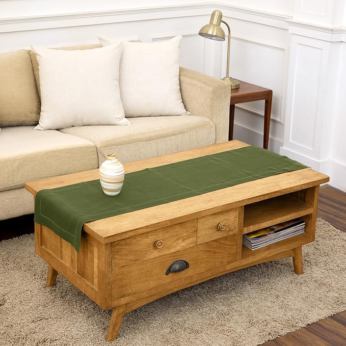 Solino Home 100% Pure Linen Dining Table Runner Olive Hemstitch, 14 x 48 in | by SolinoHome