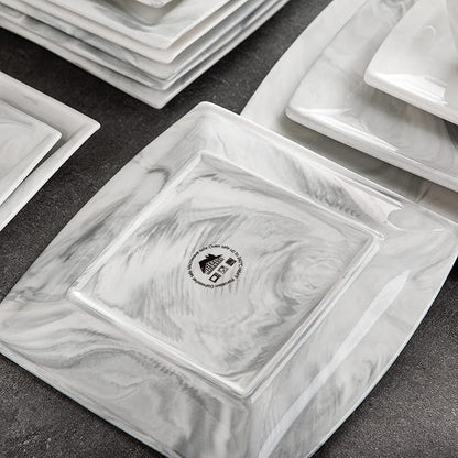MALACASA Dinnerware Sets, 32 Pieces Porcelain Plates and Bowls Sets for 6, Marble Grey Dishes with Plates and Bowls, Cups and Saucers, Side Dish Plates, Square Dinner Set, Series Blance