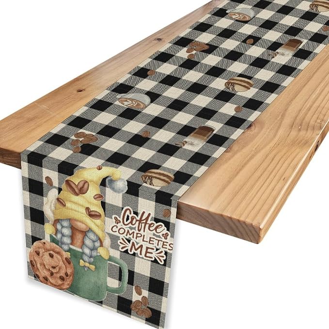 Coffee Time Table Runner, Rustic Black White Plaid Buffalo Gnome Coffee Theme - Image 4