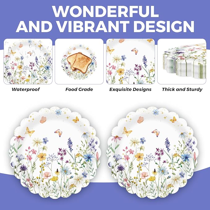 50Pcs Wildflower Scalloped Paper Plates 7inch Spring Party Dessert Plates - Image 2