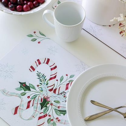 Benson Mills Cork Placemats Set of 4, Thick Cork Place Mats for Kitchen and Dining Tables, Easy Clean Table Mats for Christmas, Winter and Holidays (12" x 16" Rectangular Set of 4, Festive Candy Cane)