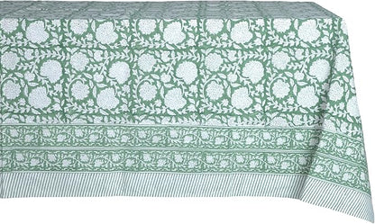 ATOSII Shalimar Green 100% Cotton Rectangle Fall Tablecloth, Handblock Floral Table Cloth Linen for Kitchen Dining I Parties Wedding Outdoors Christmas Thanksgiving I Fall Home Decor 60 X 108 Inches