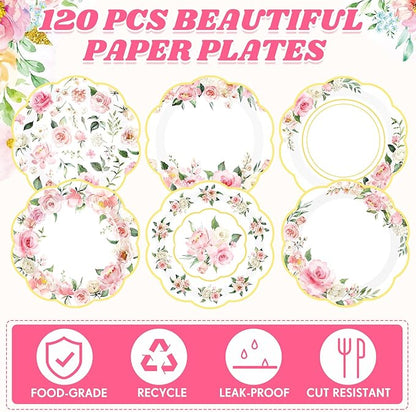 Umigy 120 Pcs Summer Pink Floral Paper Plates 7 Inch Floral Party Decoration Plates, Summer Wild Flower Disposable Decorative Tableware for Birthday Wedding Baby Shower Tea Party Bridal Shower