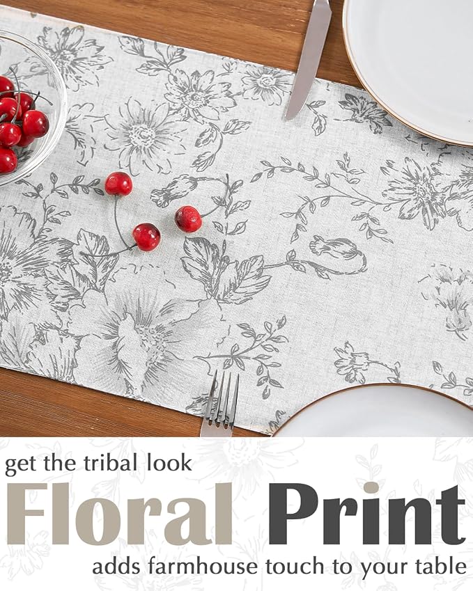 jinchan Grey Floral Linen Table Runner 13 x 108 Inch Farmhouse | Understated - Image 3