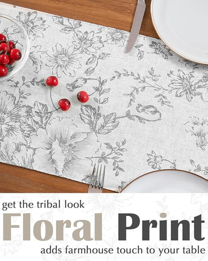 jinchan Grey Floral Linen Table Runner 13 x 90 Inch Farmhouse | Neutral - Image 3
