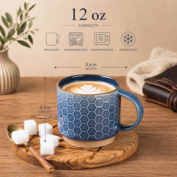 GBhome 12 OZ Stackable Coffee Mugs Set of 6, Ceramic Coffee Cups Set | 3 - Image 3