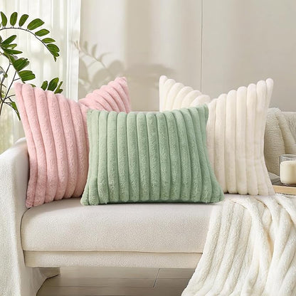 decorUhome Cozy Faux Fur Throw Pillow Covers 26x26 Set of 2 Decorative Soft Plush Striped Modern Farmhouse Boho Couch Euro Sham Pillow Cases with Velvet Back for Sofa Bed Living Room, Cream White