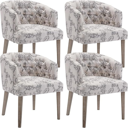 Mid-Century Dining Chairs Set of 4, Tufted Upholstered Linen Dining Room Chairs Comfy Side Chair Armchair Guest Chair with Wooden Legs for Dining Room Living Room, Floral Pattern