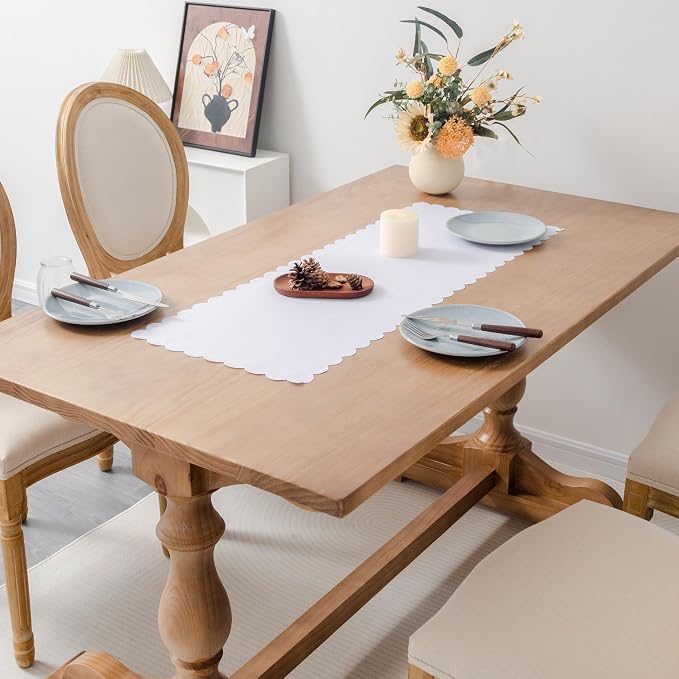 Small Solid White Farmhouse Scalloped Table Runner 13 x 36 Inchs | Washable - Image 2