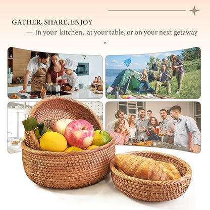 Rattan Bread Baskets for Serving, Hand Woven Food Baskets, Natural Wicker Fruit Basket for Kitchen Counter, Decorative Bread Basket for Serving, Fruits, Snacks, Candies, Nuts, Keys, Etc.(Round-Combo)