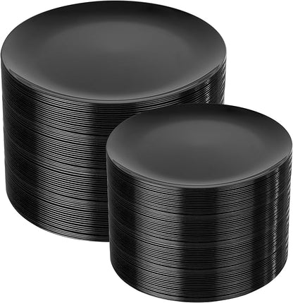 I00000 200 PCS Black Plastic Plates for 100 Guests Include: 10.25 inch 100 Pieces Dinner Plate and 7.5 inch 100 Pieces Dessert Plate, Premium Plastic Plates Perfect for Birthday, Wedding & Party