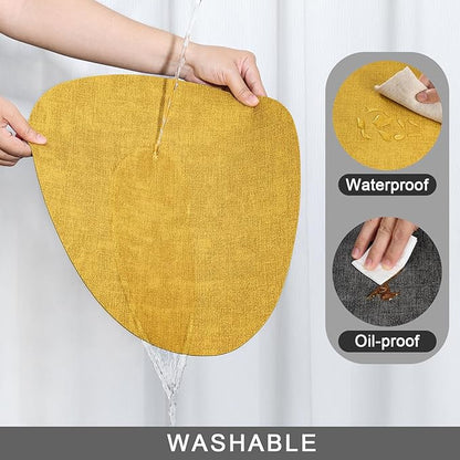 Placemats and Coasters, Washable Reversible Placemats Round Faux Leather Wipeable Place Mats Non Slip Heat Resistant Indoor Outdoor Table Mats (Set of 6, Gray Yellow)