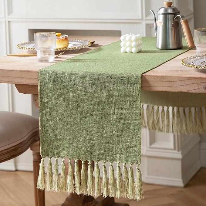 Green Table Runners 90 Inches Long, Burlap Linen Style Rustic Farmhouse Table by ZEEMARTONLINE