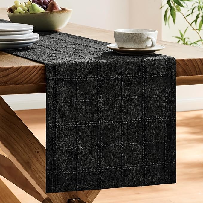 Linen Checked Farmhouse Table Runner, 13x60 Inches Black | Raised Grid Design - Image 4
