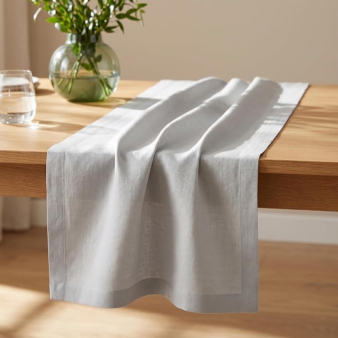 Solino Home 100% Linen Dining Table Runner Silver Cloud, Fete 14 x 60 in | - Image 2