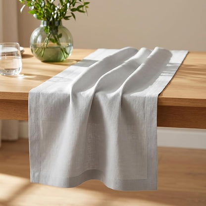 Solino Home 100% Linen Dining Table Runner Silver Cloud, Fete 14 x 60 in | - Image 2