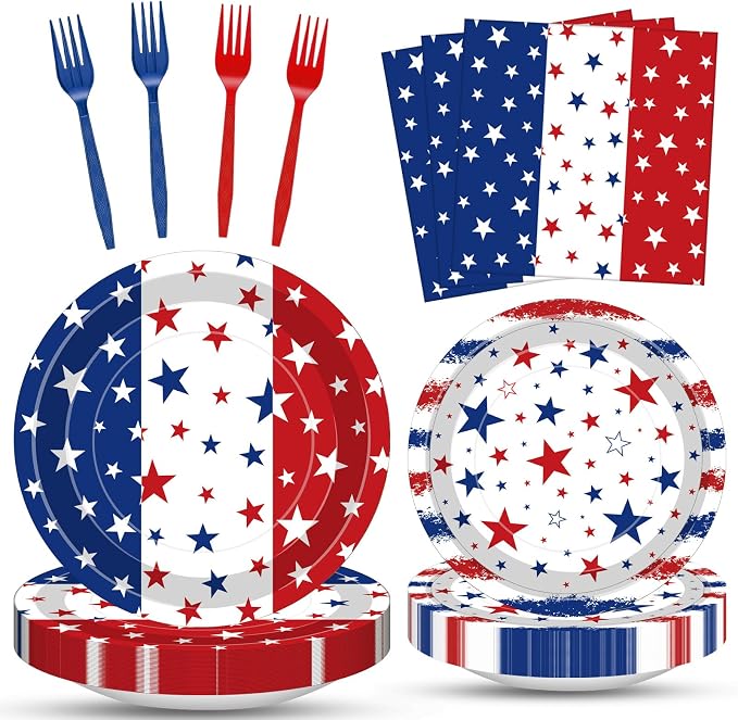 100 Pcs Patriotic Party Supplies Set, Serves 25 – Disposable Red White Blue by Merriva