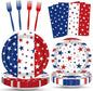 100 Pcs Patriotic Party Supplies Set, Serves 25 – Disposable Red White Blue by Merriva