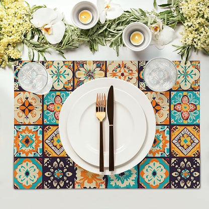 Boho Floral Placemats Set of 4, Retro Flower Geometric Place Mat Bohemian Floral Cloth Tablemats Non-Slip Washable Tabletop Mat 12x18 Inch for Indoor Outdoor Dining Party Table Decor
