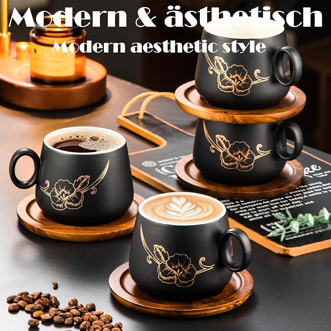 Yundu 10oz Cappuccino Cups & Wooden Saucers Set - Image 5