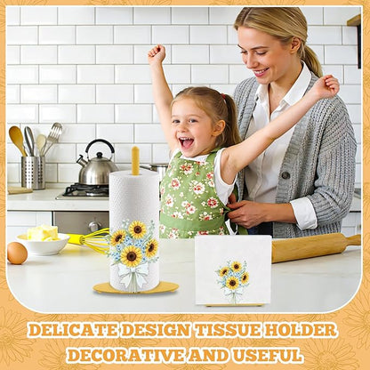 Sunflower Paper Towel Holder, Yellow Countertop Kitchen Decor Indoor with Round Base, Sunflower Lover Gift, Iron Sunflowers Napkin Holder Stand Accessories for Rustic Farmhouse Bathroom Kitchen, 2 PCS