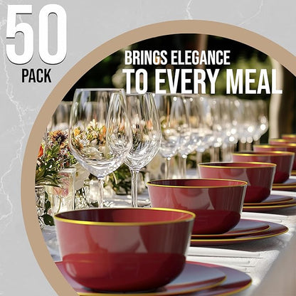 Trendables Plastic Bowls Disposable Bowls 24 Oz Bowl Set Of 50 Burgundy Gold Rimmed Fancy Plastic Serving Dishes Perfect for Parties and Events Disposable Candy Bowl