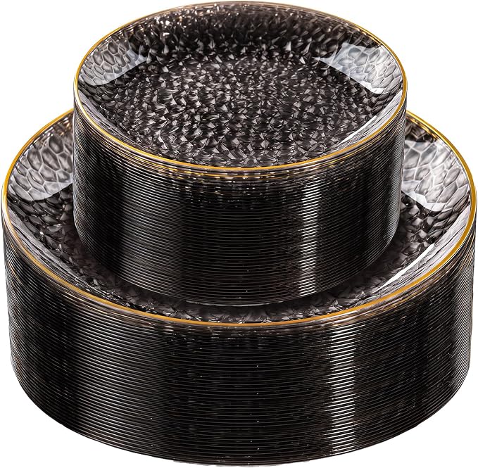 Rubtlamp 60Pcs Black Plastic Plates, Hammered Plastic plates Include 30 Dessert by Rubtlamp