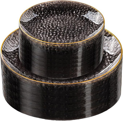 Rubtlamp 60Pcs Black Plastic Plates, Hammered Plastic plates Include 30 Dessert by Rubtlamp