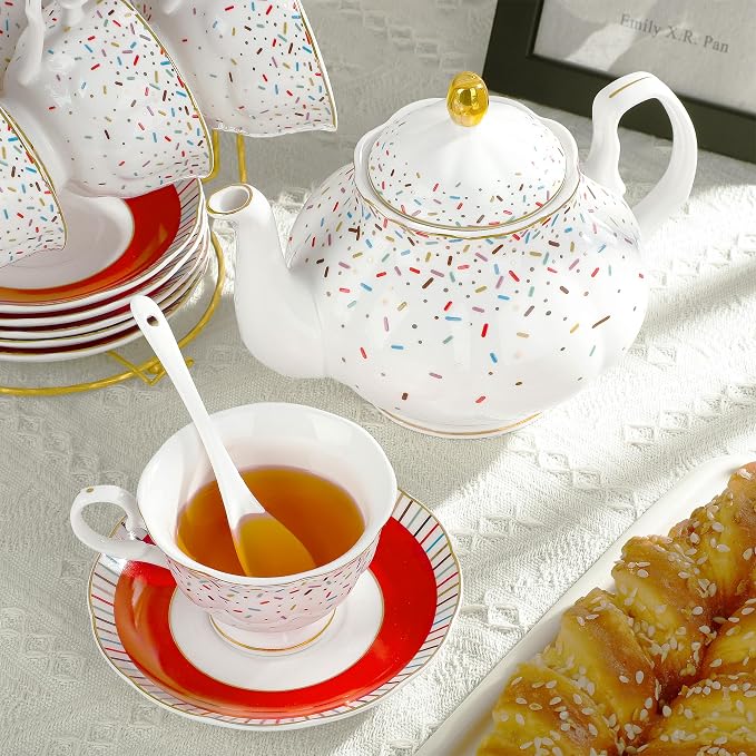 fanquare 21-Piece Colorful British Porcelain Tea Sets, 6 Cups and Saucers Set - Image 4