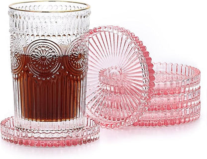 JUXYES 5 Pack Amber Tone Crystal Coasters Round Cup Mat, Glass Coasters for Drinks Coffee Tea Wine, Decorative Wine Bottle Coaster, Crystal Drink Coaster for Restaurant bar Kitchen Dining Table
