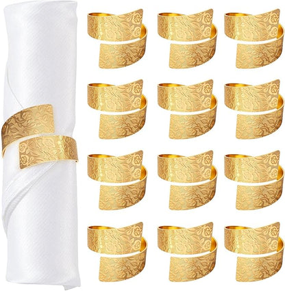Napkin Rings Set of 12, Irregular-Shaped Metal Napkin Holders with Rose Patterns for Wedding Dining, Holiday Table Decor, Perfect for Home Chefs & Party Planners（Gold）