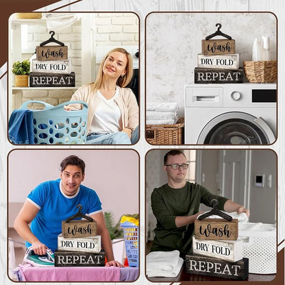Moucuny 4 Pcs Farmhouse Laundry Room Decor Stacked Blocks, Wash Dry Fold Repeat - Image 5