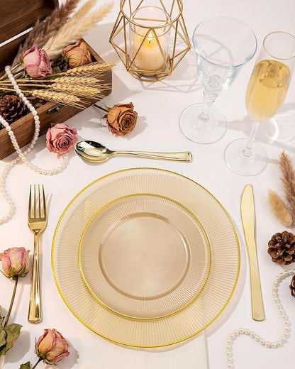 Hioasis 60pcs Brown and Gold Plastic Plates - Brown Disposable Dinnerware Set, 30pcs Dinner 10.25in & 30pcs Dessert 7.5in Plates with Striped Designs for Party & Wedding