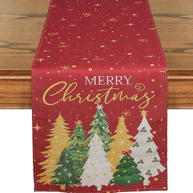 Christmas Table Runner Linen Red Snowflake Winter Table Runners by JVUZIQ