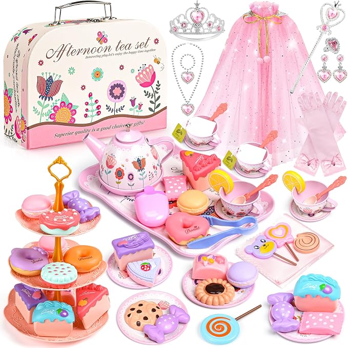 Tea Party Set for Little Girls, Princess Cape & Jewelry, Carrying Case by WelcometoAojieni