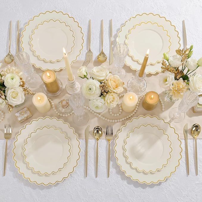 LIYH 100 Pcs Heavy Duty Ivory Gold Plastic Plates - Image 6