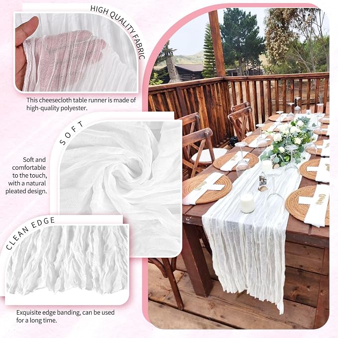 Showgeous 2 Pack White Cheesecloth Table Runners Boho Wedding Decor | Rustic - Image 3