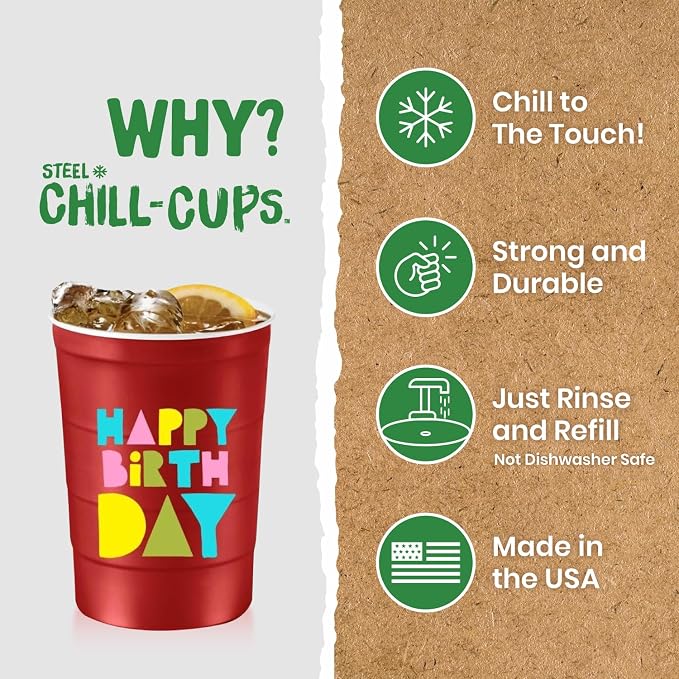 Steel Chill Cups 16 oz. Reusable Party Cups, Happy Birthday, 100% recyclable - Image 3