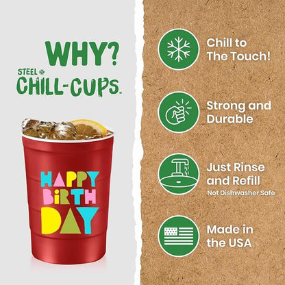 Steel Chill Cups 16 oz. Reusable Party Cups, Happy Birthday, 100% recyclable - Image 3
