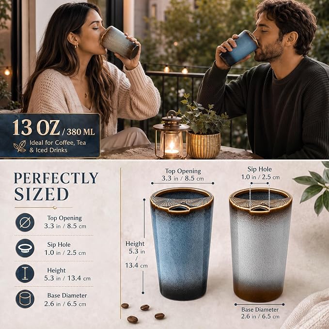 2 Pack Ceramic Coffee Mug with Sip Hole, Retro Espresso Cup 13 oz with 2 Straws - Image 2