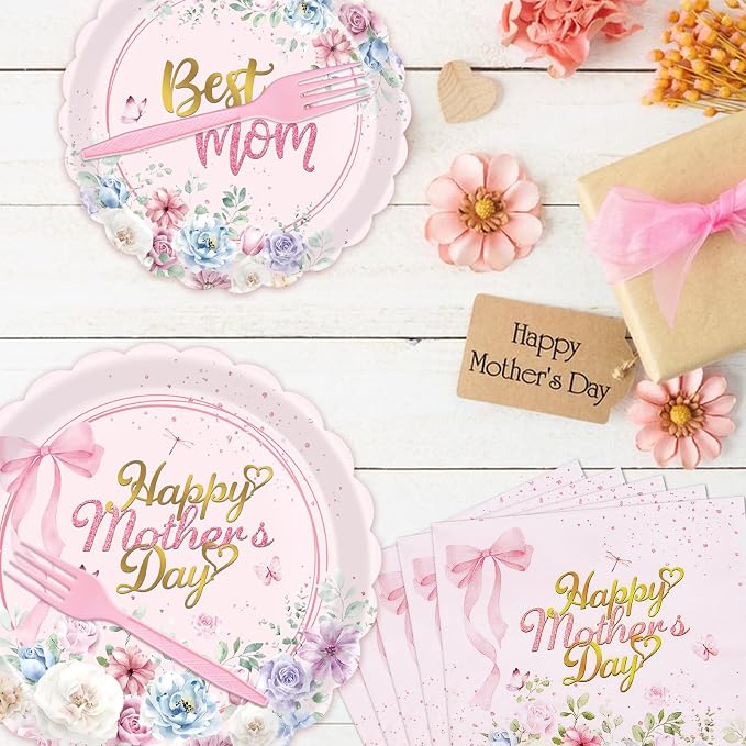 Gistome 96 Pieces Mother’s Day Floral Tableware Set – Pink Scalloped Disposable - Image 4