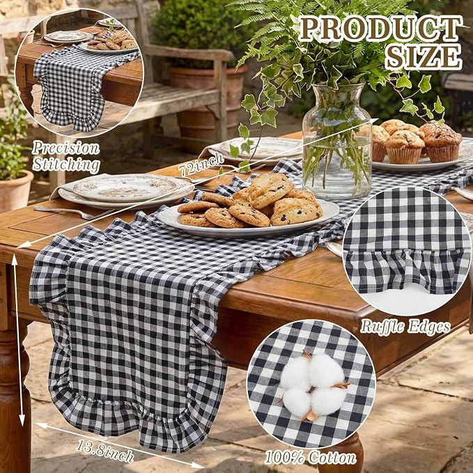 HunnmingRe 1 Pc Gingham Table Runner White and Black, 72 X 13.8 Inch | Cotton - Image 2