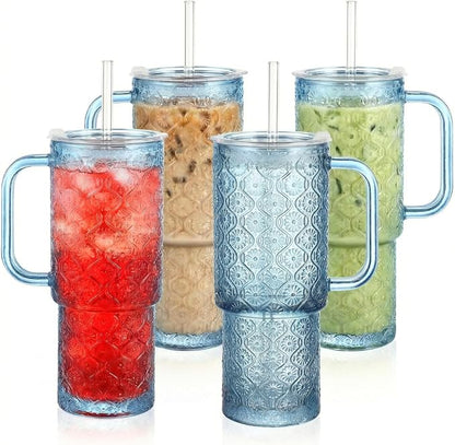 20 oz Blue Glass Tumbler with Lid and Straw, Glass Iced Coffee Cups, by Unknown